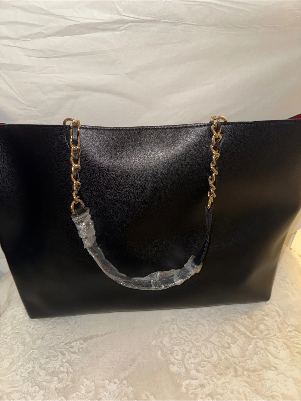Victoria's Secret Black Tote with Red Interior and Gold Chain Handles